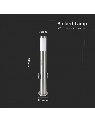8977-Piantana LED da Giardino cm con Portalampada E e  Prese Schuko e Sensore di Movimento max  in Acciaio Inossidabile IP-2
