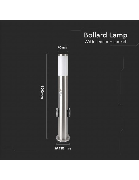 8977-Piantana LED da Giardino cm con Portalampada E e  Prese Schuko e Sensore di Movimento max  in Acciaio Inossidabile IP-2