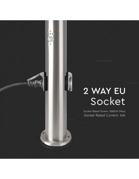 8977-Piantana LED da Giardino cm con Portalampada E e  Prese Schuko e Sensore di Movimento max  in Acciaio Inossidabile IP-5