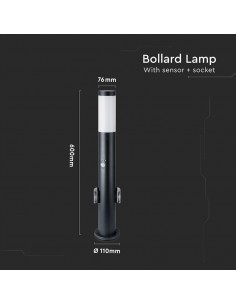 8979-Piantana LED da Giardino cm con Portalampada E  Prese Schuko e Sensore di Movimento max  in Acciaio Inossidabile Nero IP-1 2