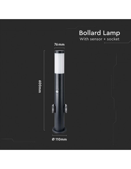 8979-Piantana LED da Giardino cm con Portalampada E  Prese Schuko e Sensore di Movimento max  in Acciaio Inossidabile Nero IP-2