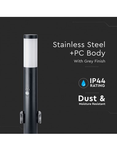 8979-Piantana LED da Giardino cm con Portalampada E  Prese Schuko e Sensore di Movimento max  in Acciaio Inossidabile Nero IP-4