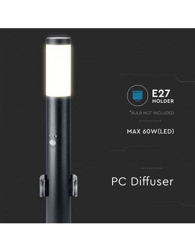 8979-Piantana LED da Giardino cm con Portalampada E  Prese Schuko e Sensore di Movimento max  in Acciaio Inossidabile Nero IP-5