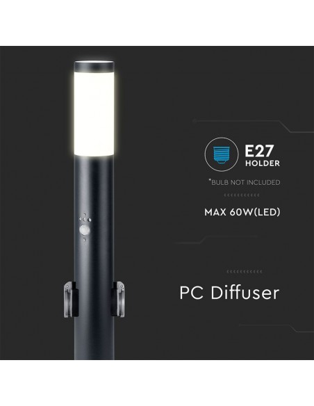 8979-Piantana LED da Giardino cm con Portalampada E  Prese Schuko e Sensore di Movimento max  in Acciaio Inossidabile Nero IP-5