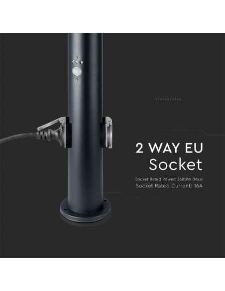 8979-Piantana LED da Giardino cm con Portalampada E  Prese Schuko e Sensore di Movimento max  in Acciaio Inossidabile Nero IP-6