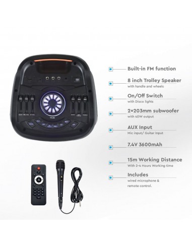 8980-Altoparlante Trolley Ricaricabile  con Microfono Cablato Telecomando RGB per Casse  x -5