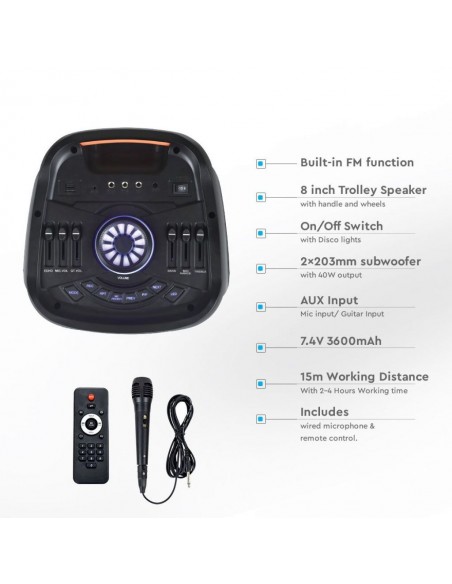 8980-Altoparlante Trolley Ricaricabile  con Microfono Cablato Telecomando RGB per Casse  x -5