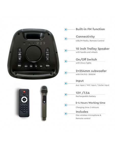 8982-Altoparlante Trolley Ricaricabile  con Microfono Cablato Telecomando RGB per Casse  x  pollici-5