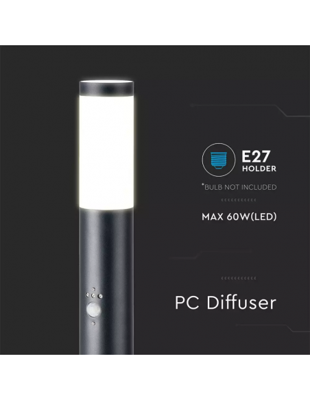 8983-Piantana LED da Giardino cm con Portalampada E e sensore di movimento max  in Acciaio Inossidabile Nero IP-7