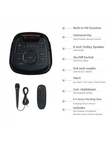 8990-Altoparlante Trolley Ricaricabile  con Microfono Cablato Telecomando e Casse  x  pollici-5