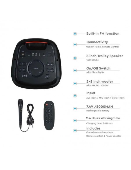 8990-Altoparlante Trolley Ricaricabile  con Microfono Cablato Telecomando e Casse  x  pollici-5